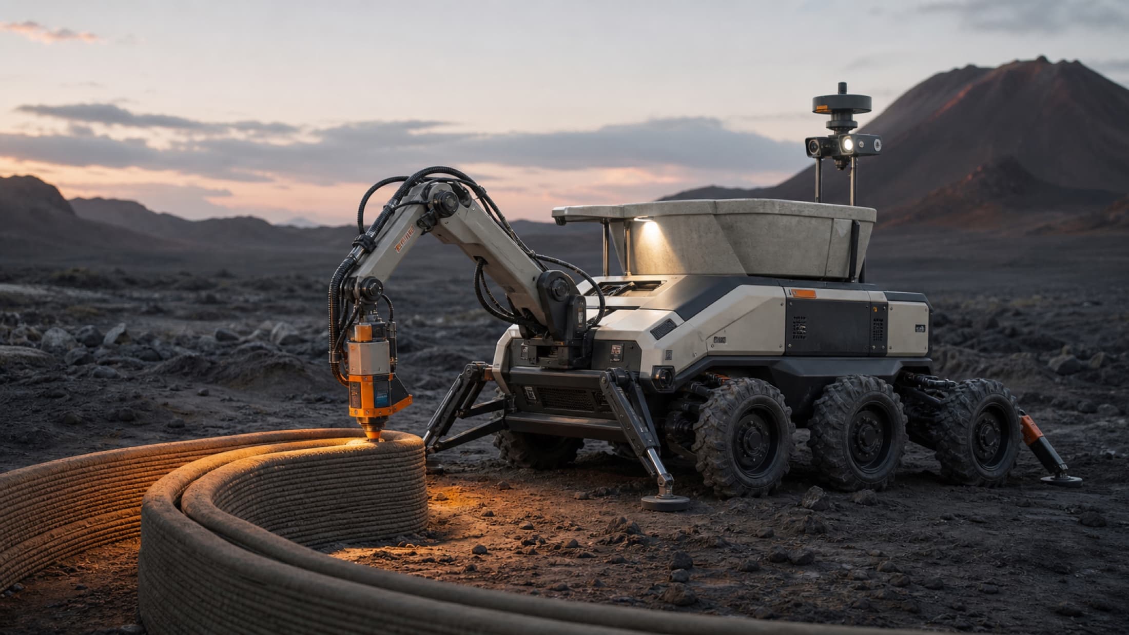 Concept visualization of the Swovee A02 Rovalizer placing material across outdoor terrain